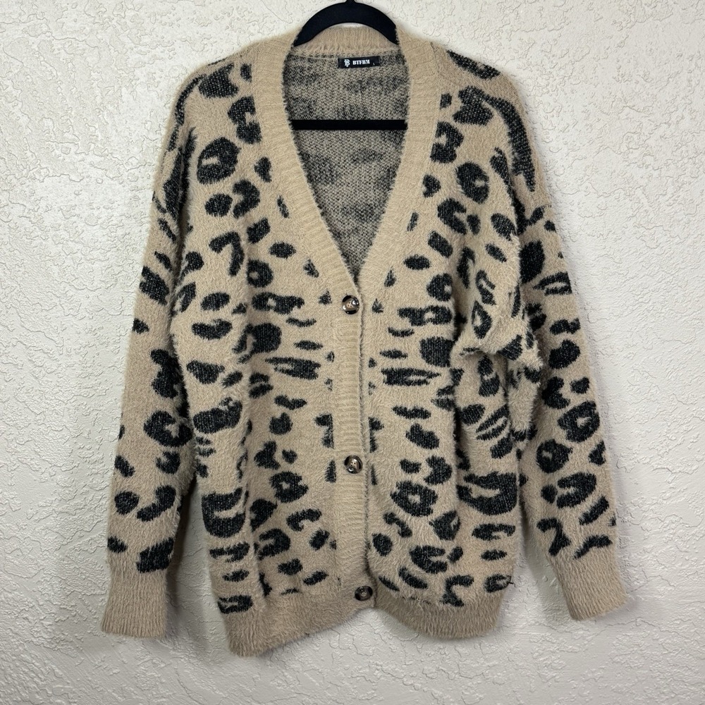Cheetah Print Boyfriend Cardigan Fuzzy Oversized Grunge Chunky Button-Down Sz Lg